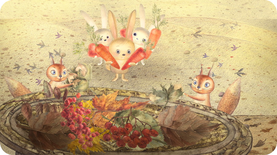 Illustration d'animaux de la forêt rassemblant des victuailles, extraite du court métrage Un printemps en automne.