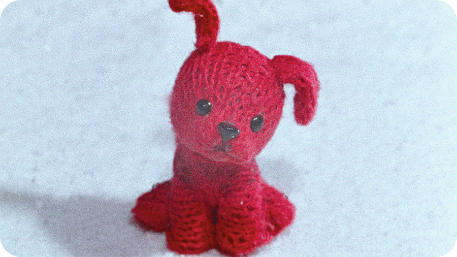 Portrait d'un petit chien en laine rouge à l'air adorable, extrait du petit film Varejka (la Moufle) disponible dans le catalogue Tikino.