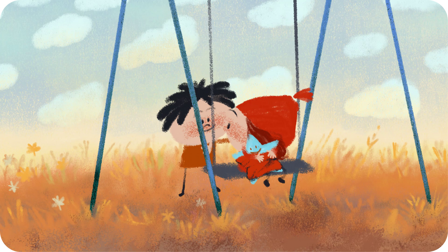 Illustration de deux enfants jouant ensemble à la balançoire extraite du petit film Warm Star.