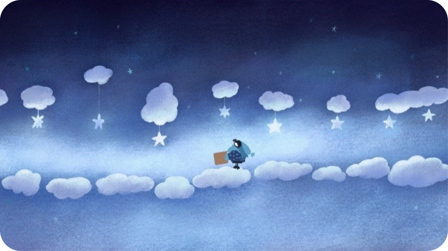 Une chouette marche sur des nuages dans un ciel étoilé dans cette illustration tirée du court métrage Warm Star disponible dans le pack Jeux d'enfants.