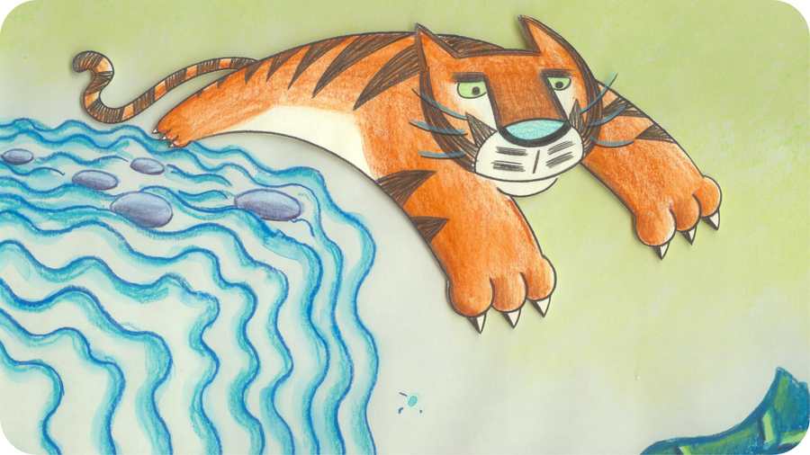 Illustration d'un tigre bondissant qui traverse une rivière tirée du court métrage Quand je serai grand.