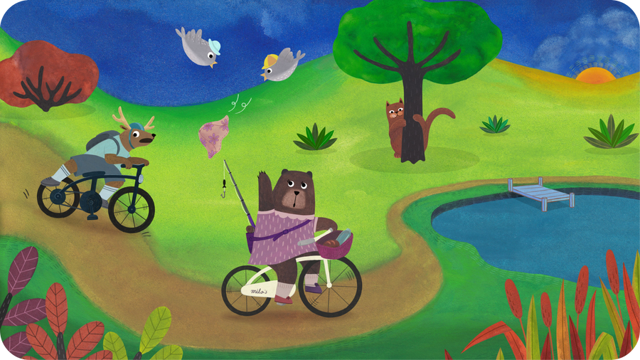 Oursonne et cerf à vélo illustration de Mikyo Noh pour Partie de pêche avec Luna, une histoire sans parole à raconter avec Tikino