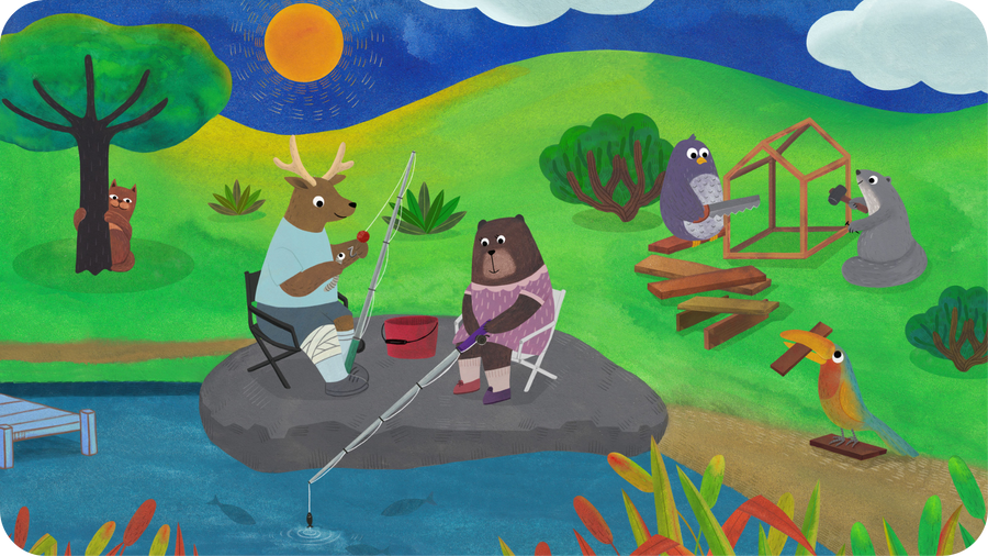 Oursonne et cerf pêchant au bord du lac illustration de Mikyo Noh pour Partie de pêche avec Luna, une histoire sans parole à raconter avec Tikino