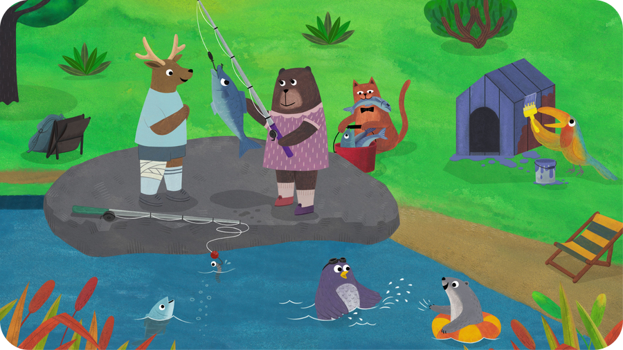 Oursonne et cerf attrapent un poisson illustration de Mikyo Noh pour Partie de pêche avec Luna, une histoire sans parole à raconter avec Tikino