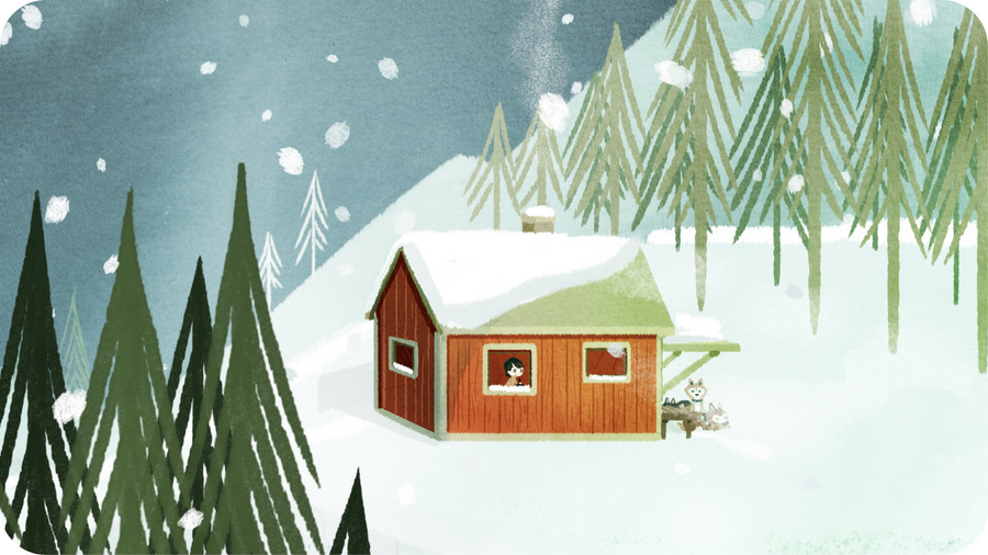 Maison dans la neige, petit garçon à la fenêtre, chiens loups devant la porte dans la forêt boréale. Illustration pour un court métrage disponible sur Tikino