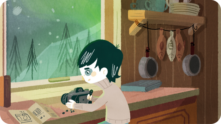 Petit garçon réparant un appareil photo dans sa maison en bois. Dehors il neige. Illustration pour Au pays de l'aurore boréale de Caroline Attia, disponible sur Tikino