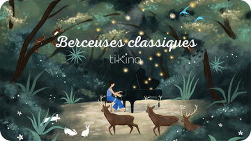 Pianiste et cerfs dans la forêt illustration de Miren Asiain Lora pour les Berceuses Classiques de Tikino