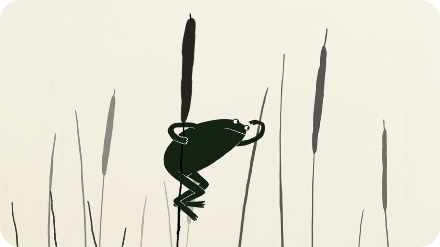 Grenouille suspendue à un roseau, illustration tirée du film d'animation Deux Amis, court-métrage disponible sur Tikino