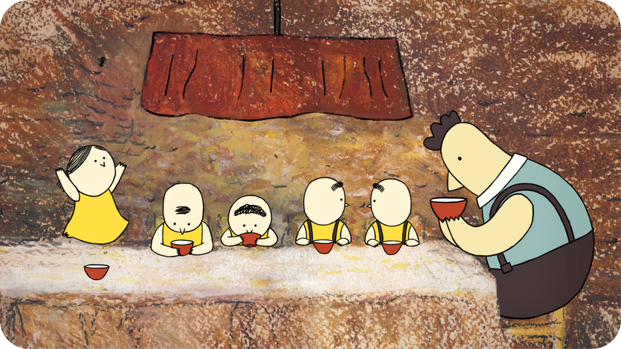 Famille poule en train de diner, illustration extraite du court-métrage d'animation A Tire D'Aile, disponible sur Tikino