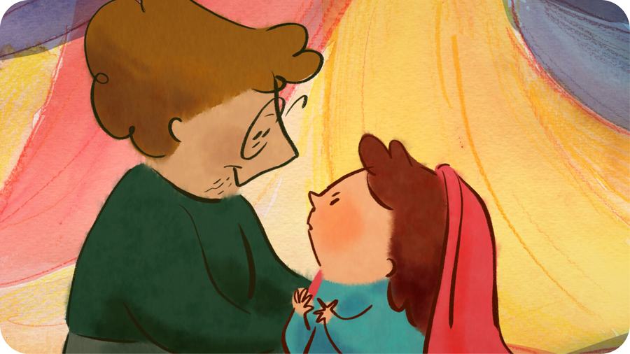 Grand-mère et sa petite fille entourées de tissus colorés, illustration extraite de L'Atelier, court-métrage d'animation disponible sur Tikino