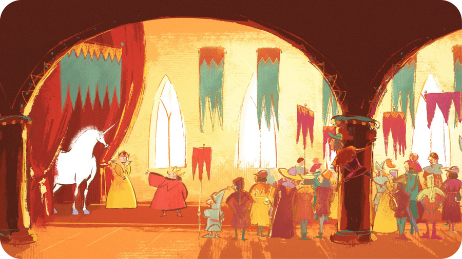 Illustration d'une licorne entrant dans un château. Extrait d'un court métrage d'animation disponible sur le projecteur Tikino.