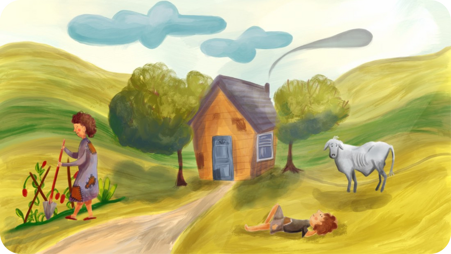 Jack, sa maman et sa vache maigrelette devant sa maison. Extrait de Jack et le haricot magique pour Tikino