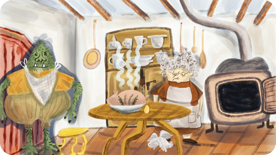 L'ogre et sa femme, un cochon fumant et l'oie aux oeufs d'or, extrait de Jack et le haricot magique pour Tikino
