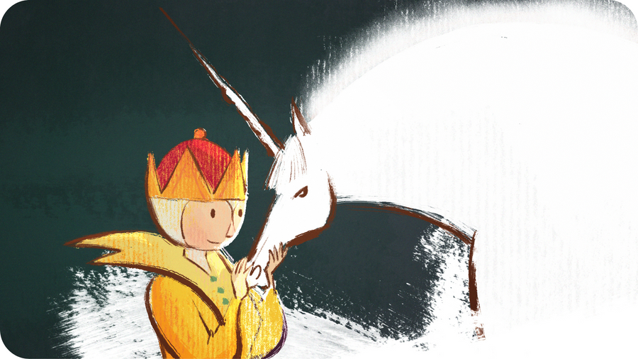 Illustration représentant une reine caressant le museau d'une licorne d'un geste tendre. Image issue d'un court métrage d'animation pour Tikino. 