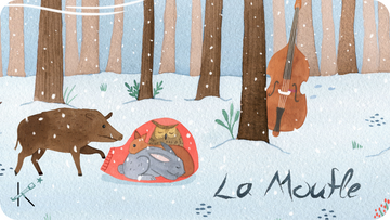 Hibou écureuil lapin blotis dans la moufle, le sanglier arrive dans la neige illustration de Nathalie Ouederni pour le conte musical La Moufle de Tikino