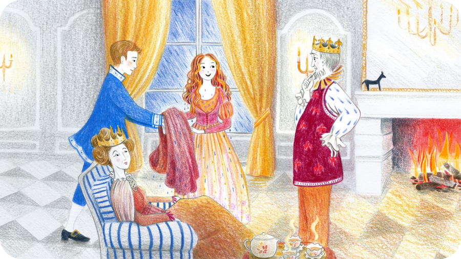 Rencontre avec le roi et la reine, Illustration d'Oreli Gouel pour le conte La Princesse au petit pois à découvrir sur Tikino