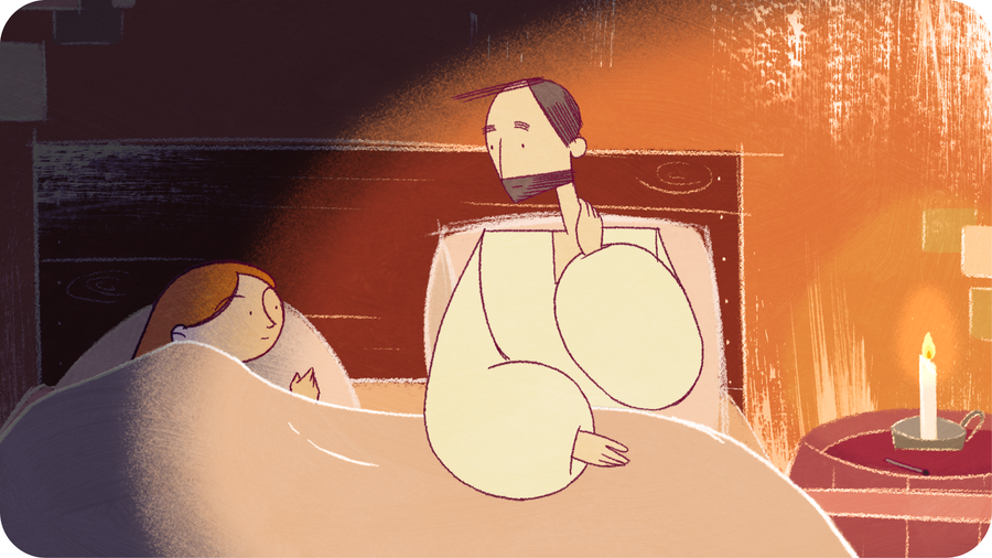 Illustration d'un couple discutant dans leur chambre à la lumière de la bougie. Pour le court métrage La Tortue d'or disponible sur Tikino le projecteur pour enfants