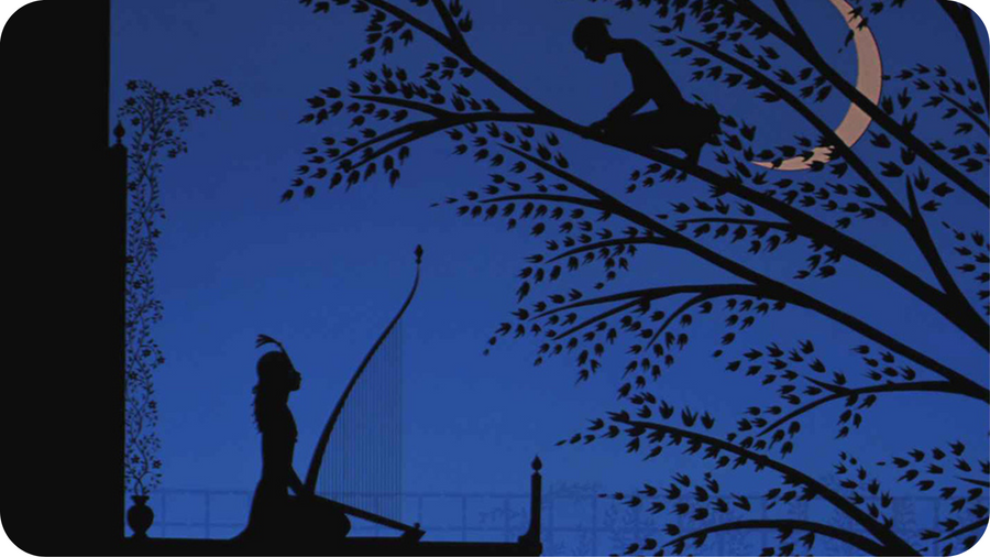 Harpiste et homme dans un arbre à la nuit tombée façon ombres chinoises pour le Prince des Joyaux de Michel Ocelot, disponible sur le projecteur Tikino