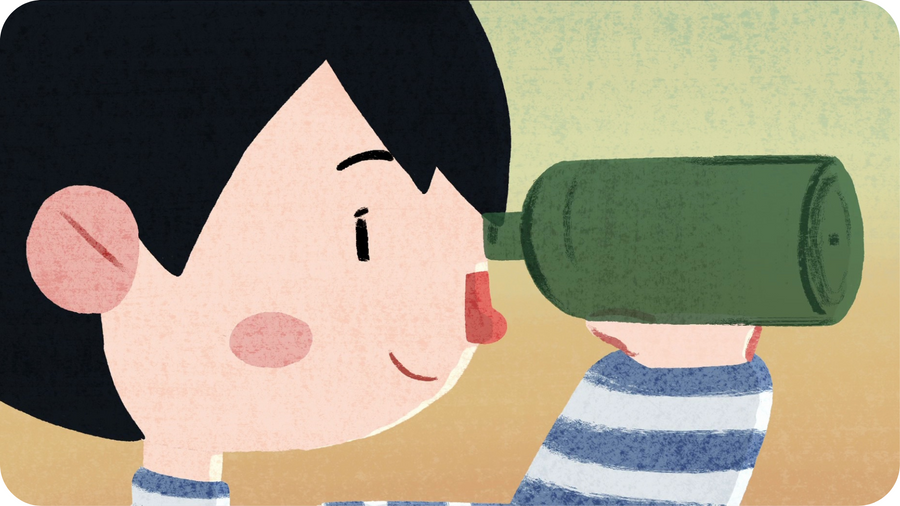 Garçon regardant dans une bouteille verte, illustration extraite du film d'animation Les Bouteilles à la mer disponible sur le projecteur Tikino
