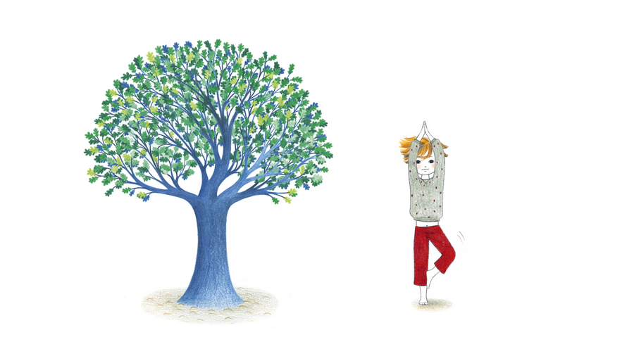 Enfant en position de yoga arbre illustration d'Oreli Gouel pour Les Petits Yogis sur Tikino