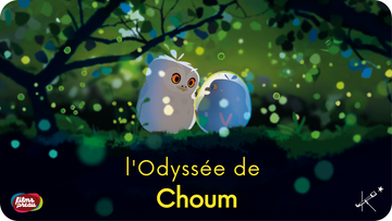 Jaquette pour l'Odyssée de Choum, un court-métrage disponible sur Tikino. Petite chouette avec son oeuf pas encore éclos