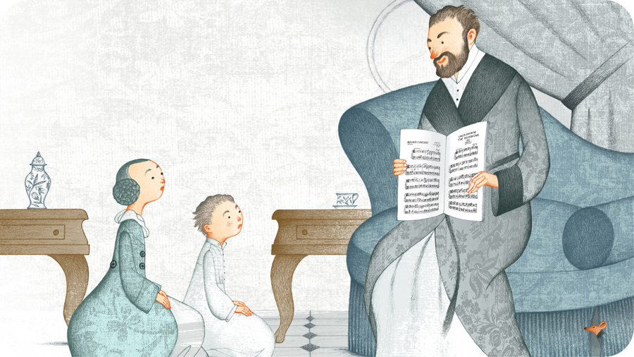 Compositeur présentant ses partitions à des enfants. Illustration de Tchaikovski petites histoires de grands compositeurs disponible sur Tikino