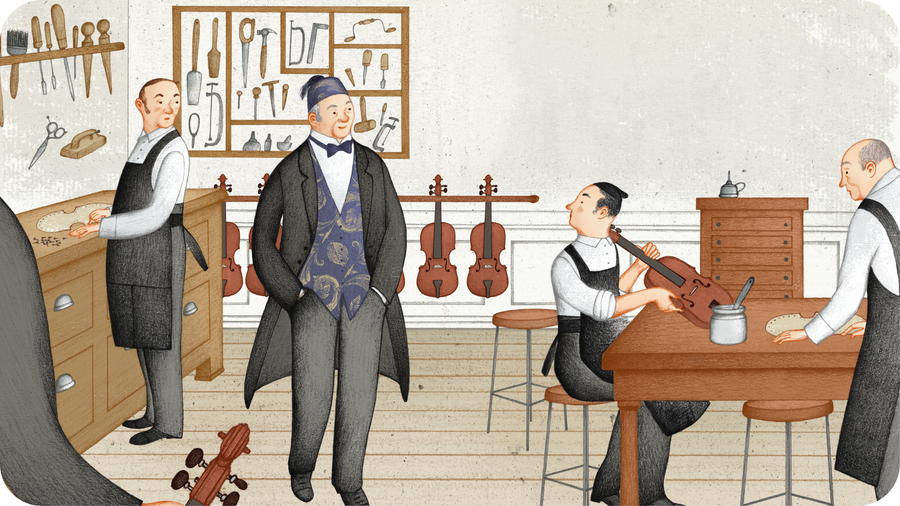 Luthiers au travail dans leur atelier de réparation et fabrication de violons. Illustration de Paganini petites histoires de grands compositeurs disponible sur Tikino