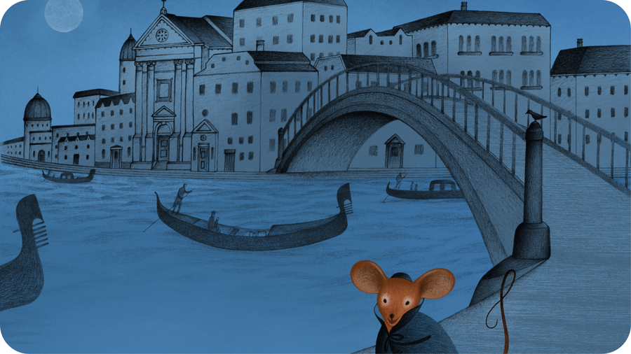 Minime la souris à Venise, une illustration pour le conte Vivaldi. Petites Histoires de grands compositeurs volume 3 disponible sur Tikino