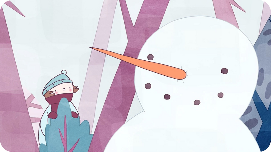 Petite fille et bonhomme de neige. Une illustration du court métrage Flocons et Carottes, disponible dans le pack Petits Contes d'hier sur Tikino
